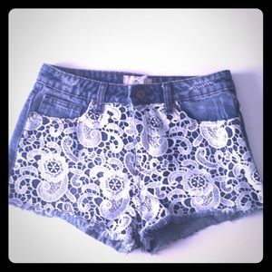 High-rise Denim Shorts, Lace detail